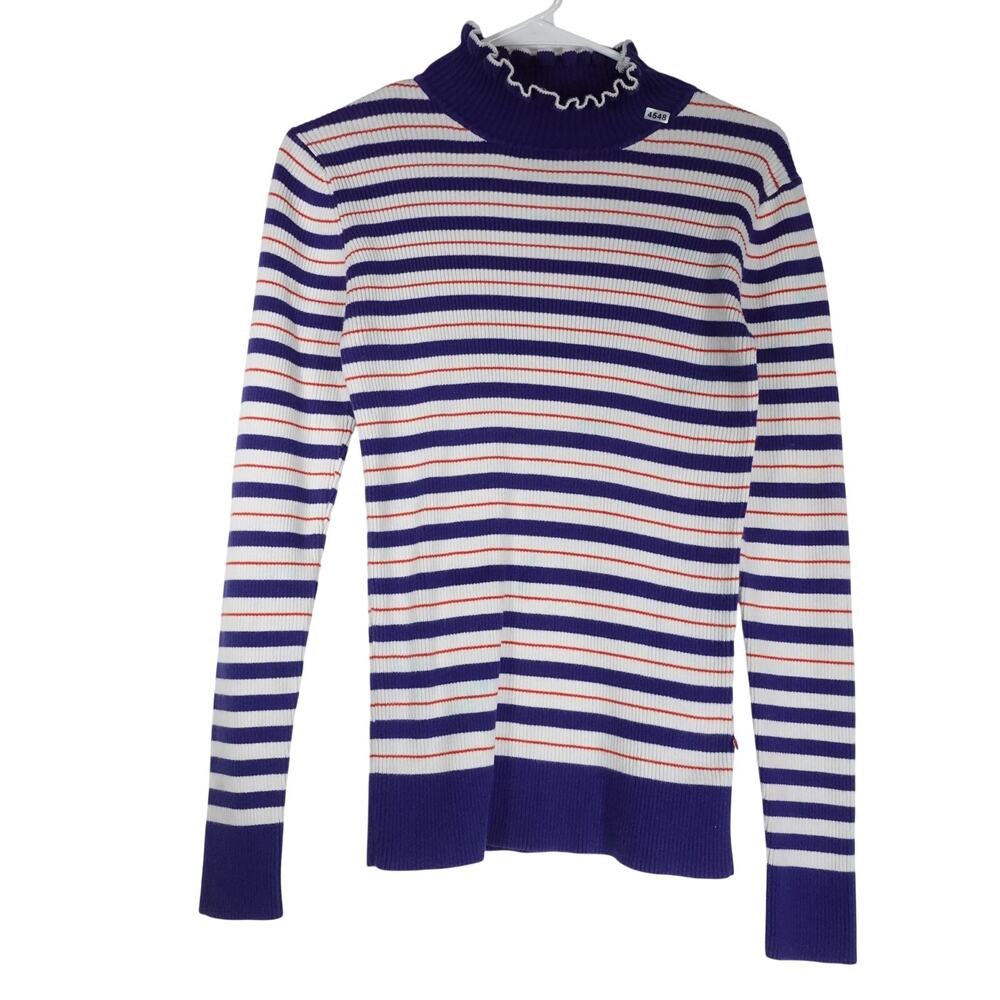 Striped Ruffle Mock Neck Sweater - Purple/White